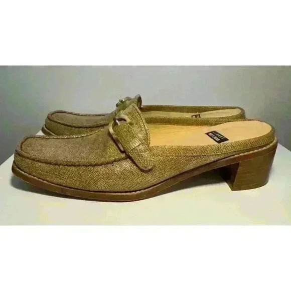 Stuart Weitzman Slide Women 7B Tan Beige Fabric Slip On Buckle Block Heel Spain - Picture 6 of 9